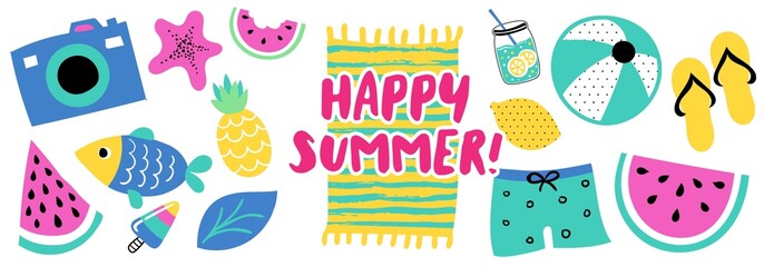 Happy summer illustration with sea, watermelon, drink, foods. Holiday party.