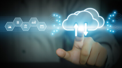 Cloud documentation and personal information online database storage and data privacy protection on computer network or online banking protect or cyber security concept.