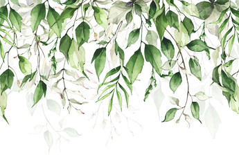 Watercolor painted greenery frame template. Bouquet with green, blue branches and leaves. Seamless border