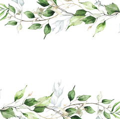 Fototapeta premium Watercolor painted greenery frame template. Bouquet with green, blue branches and leaves. Arrangement border