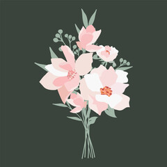 Flat style bouquet with peony rose and pink magnolia flowers and juicy greenery.Vector illustration. Gift for March 8, mother's day. Bouquet for girls, women. Forget-me-nots, greens and flowers