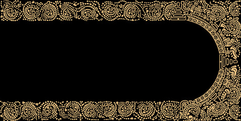 Frame, border of symbols, letters, masks and images of the ancient Mayan and Toltec civilizations.