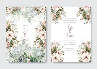 Set of pastel green leaf and white green flower elegant watercolor flower wedding invitation design template