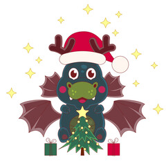 Happy chinese new year 2024 year of the dragon zodiac sign. Dragon is symbol of 2024. Green cute dragon with Santa Claus hat and Christmas tree, gift boxes