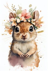 Cute squirrel portrait with flowers crown. Watercolor baby animal print. Beautiful wildlife animal cartoon drawing poster. Funny mammal character nature wild forest. include "Generative AI"