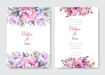 Purple pink rose flower floral beautiful hand drawn wedding invitation card