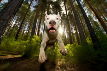 A dogo argentino running in the forest. Generative AI.