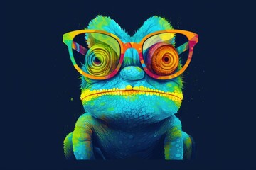 a wise and sincere looking chameleon wearing bright colored glasses in vector style. Generative AI.