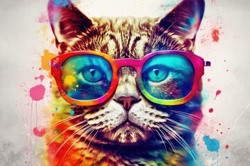 cat in funky glasses, white background, vibrant colors. generative ai