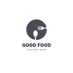 Simple logo design of restaurant logo, there are elements of fork, spoon and circle, Great for restaurant logo branding.