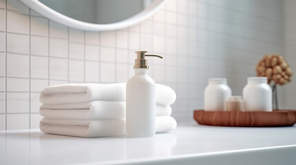 Naklejka na ściany i meble Toiletries Soap Towel Creams and Lotions. Light Elegant Modern Bathroom Interior with White Marble Tabletop Generative AI