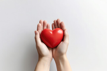 Fototapeta premium Red heart in man's hands isolated on white background. Healthcare and hospital medical concept. Symbolic of Valentine day.Top view with space for text.Generative AI