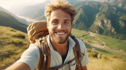 Portrait of handsome man on nature background Handsome male traveler taking selfie on hills with mountains Happy and smiling hiker taking a selfie on the top of the mountain. Generative AI - obrazy, fototapety, plakaty
