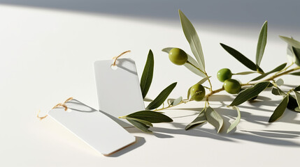 Blank paper gift tag, label mockup with rope and olive branch on white tabletop in sunlight, light and shadow. Generative AI