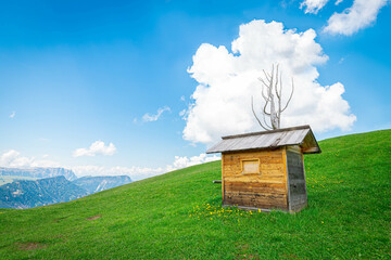 Little wooden hut with fresh green meadows and blue sky.