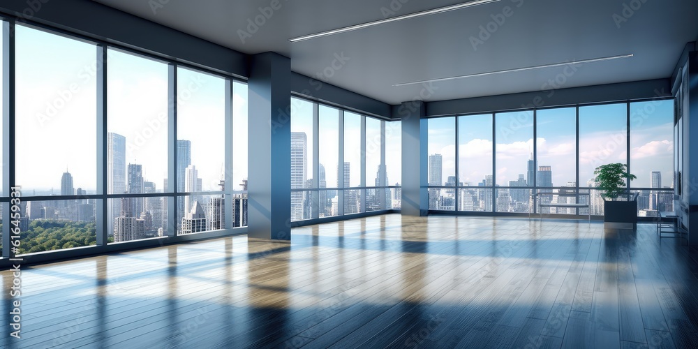 Poster empty interior view of modern metropolis through the window