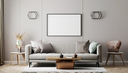 Blank frame mockup in brightly lit interior room with gray furniture, Generative AI