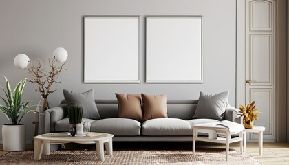 Two Blank frames mockup in brightly lit interior room with gray furniture. Generative AI