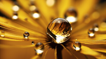 Macro shot of Dandelion with Dew Drops on Pollen, Blurred Golden Background. Generative AI
