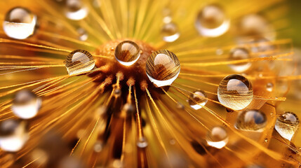 Macro shot of Dandelion with Dew Drops on Pollen, Blurred Golden Background. Generative AI