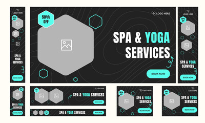 Naklejka premium Set of beauty and yoga meditation web banner template design for social media posts, creative yoga web banner template design, fully editable vector eps 10 file format