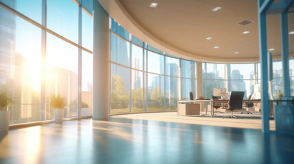 A Beautiful, Modern and Spacious Office Hall with Panoramic Windows, Beautiful Blurred Background of Modern Office Interior and Beautiful Lighting. Generative AI