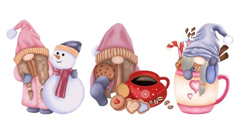 Set of christmas gnomes composition. Cute gnome and snowman,gnome coffee and cookies,gnome mug.Watercolor illustration.