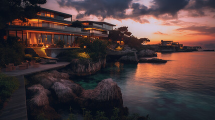 Sunset over the house at the sea
