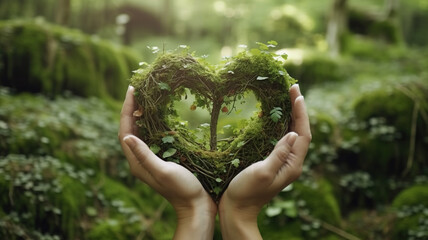 Hands holding a heart shaped tree in the forest. Eco concept
