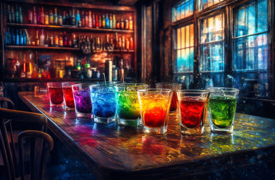 rainbow drink with cocktails in a bar