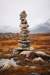 Fototapeta na wymiar A minimalist Inukshuk made of piled stones pointing the way across the Alaskan tundra. AI generative