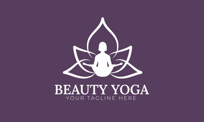 Beauty yoga logo design. Lotus flower outline with silhouette woman yoga position.