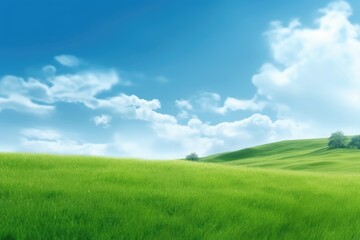 Fototapeta premium Green lawn under blue sky and white clouds