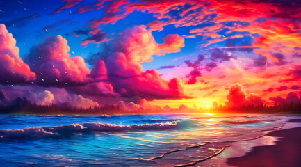 Fototapeta na wymiar an ocean sunrise with colorful clouds over a beach