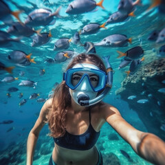 Obraz na płótnie Canvas Young girl in snorkeling mask dive underwater with tropical fishes in coral reef sea pool.