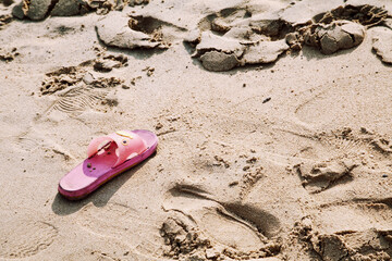 Fototapeta na wymiar One ink rubber slipper lost at a beach. Adult plastic shoe without a pair abandoned in the sand. Missing person concept