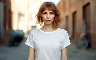 Fototapeta premium Beautiful young woman in blank white t-shirt for mockup. Design t-shirt template and mock-up for branding or print. Generative AI.