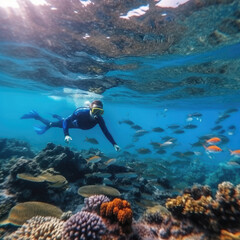 Young Man in snorkeling mask dive underwater with tropical fishes in coral reef sea pool.