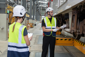 Portrait of Engineer train Inspect the Railway Electrification System track in depot of train