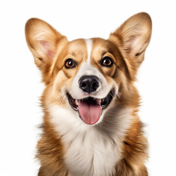Illustration, AI generation. Welsh Corgi Pembroke face shot , isolated on white background. Pet, dog.