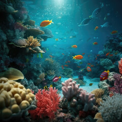 Naklejka na ściany i meble underwater paradise background coral reef wildlife nature collage with shark manta ray sea turtle fish background