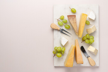 Variation of farmer's cheese on marble board. Cheese platter on light background top view