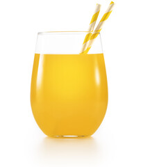 Fototapeta na wymiar Glass of orange or pineapple juice with paper drinking straws isolated on white background. Real studio shot of refreshing and healthy non-alcoholic drink.