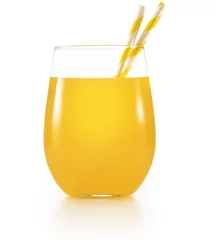  Glass of orange or pineapple juice with paper drinking straws isolated on white background. Real studio shot of refreshing and healthy non-alcoholic drink. © popout