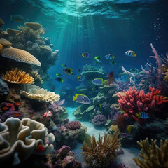 Fototapeta na wymiar underwater paradise background coral reef wildlife nature collage with shark manta ray sea turtle fish background