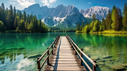 Colorful summer view of Fusine lake. Bright morning scene of Julian Alps with Mangart peak on background, Province of Udine, Italy, Europe