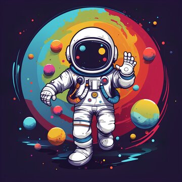 Cartoon astronaut say Hello on the space colorful background