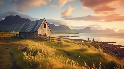 Fototapeta na wymiar Tourist on the green meadow with old wooden ranch. Majestic morning scene of Stokksnes headland, Iceland, Europe. Beauty of countryside