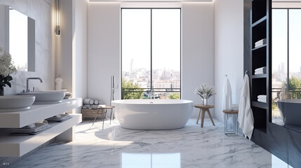 Fototapeta na wymiar An Interior of the Bathroom is Luxurious with a Free-standing Bathtub. White Washbasin on Wooden Counter There is a Mirror Hanging Above. Modern Bathroom Accessories. Generative AI