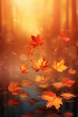 Naklejka na ściany i meble Autumn leaves falling on misty background, warm glow. AI generative